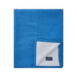 Narzuta dwustronna z bawełny organicznej w paski, niebiesko-biała-12520100-Lexington
