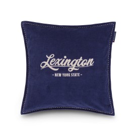 Poszewka dekoracyjna na poduszkę aksamitna z logo z bawełny organicznej, ciemnoniebieska-12534107-Lexington